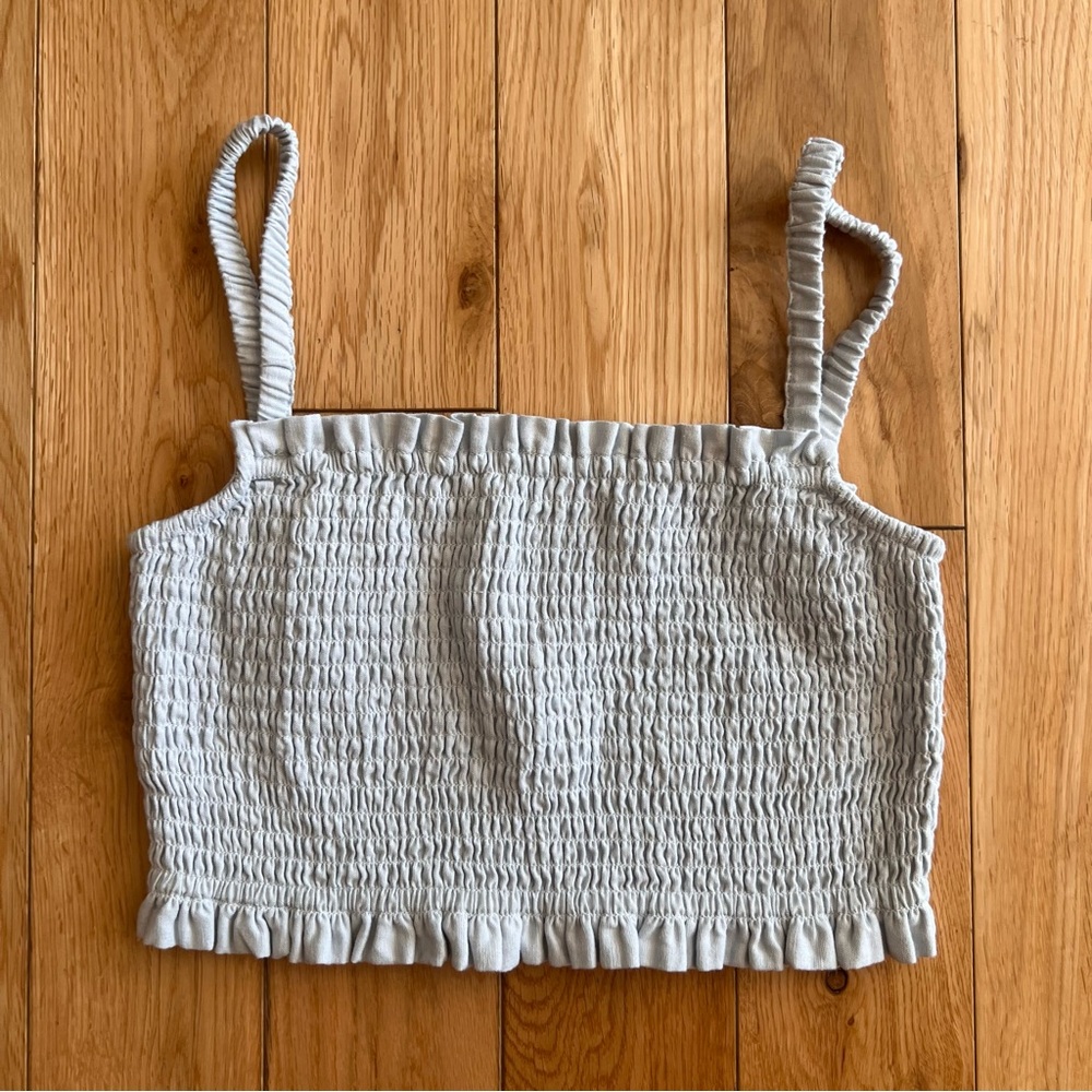 Sunday Best Aritzia Baby Blue Smocked Crop Top Ruffle Edge Size‎ XS